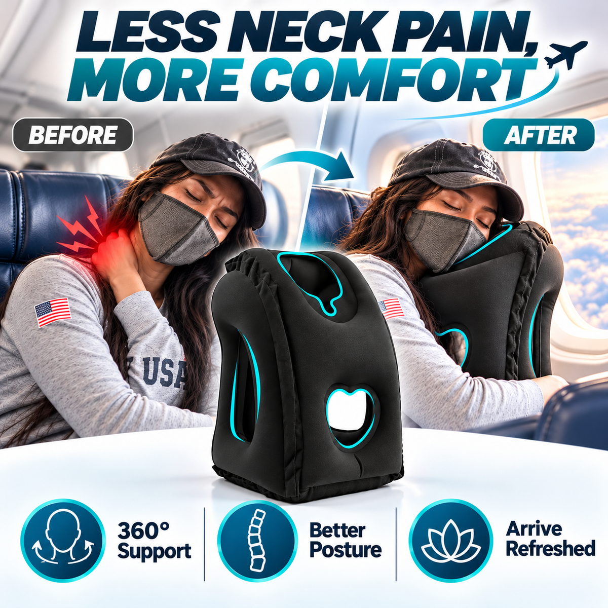 😴 LIMITED-TIME 50% OFF! ✈️ Inflatable Ergonomic Hollow-Cutout Travel Pillow – PVC Flocking, Quick Inflate, With Storage Bag ✨