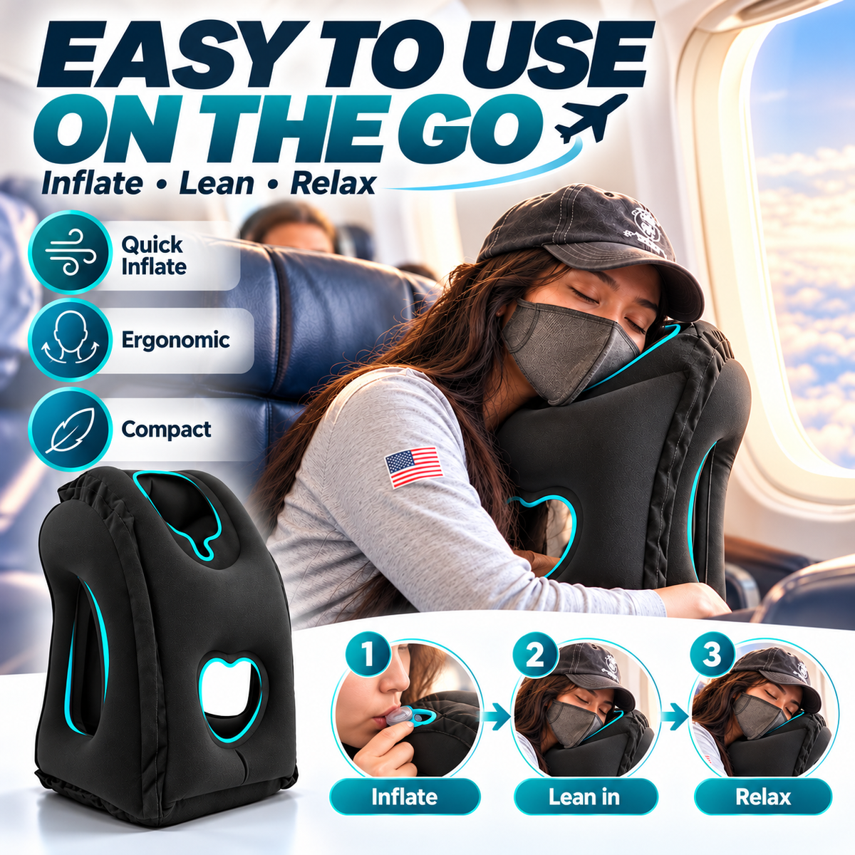 😴 LIMITED-TIME 50% OFF! ✈️ Inflatable Ergonomic Hollow-Cutout Travel Pillow – PVC Flocking, Quick Inflate, With Storage Bag ✨