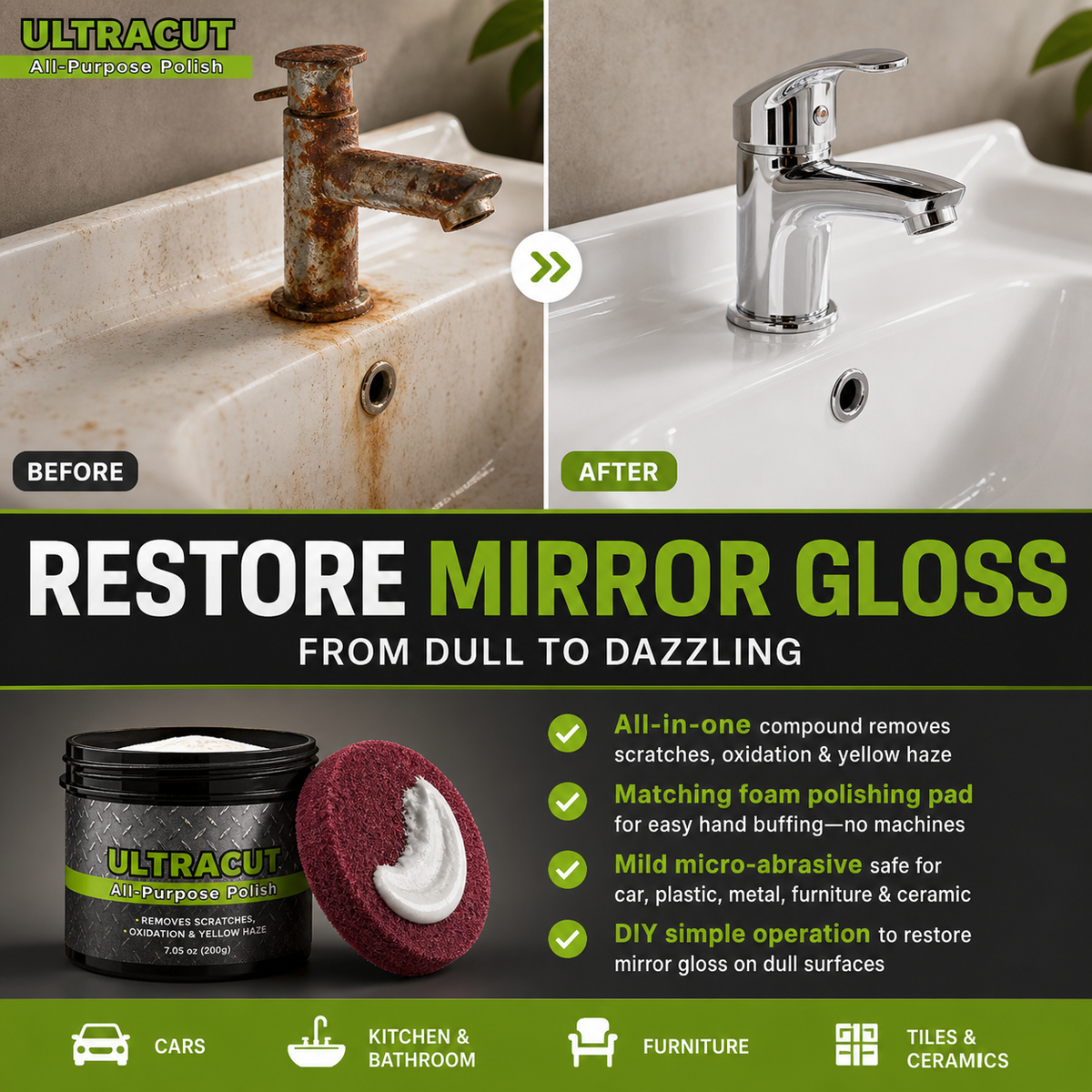 🚗50% OFF NOW ! 💦Ultracut Polishing Compound with Polishing Pad – scratch removal, surface restoration, safe mild formula, universal multi-surface use.💞 Auto & household repair essential!🥳