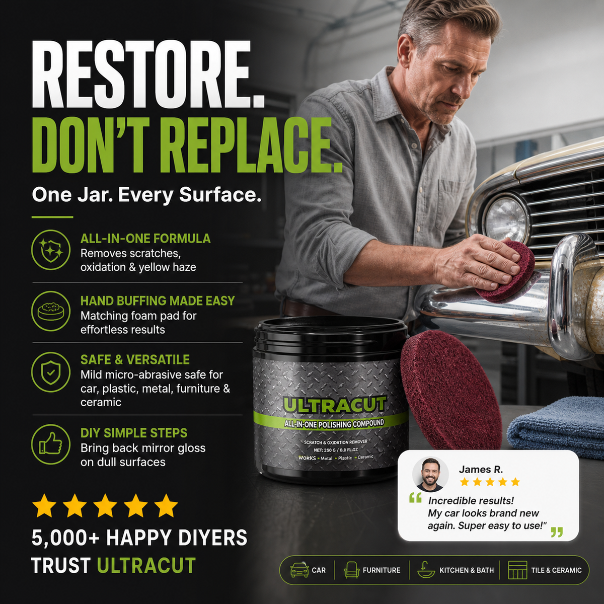 🚗50% OFF NOW ! 💦Ultracut Polishing Compound with Polishing Pad – scratch removal, surface restoration, safe mild formula, universal multi-surface use.💞 Auto & household repair essential!🥳