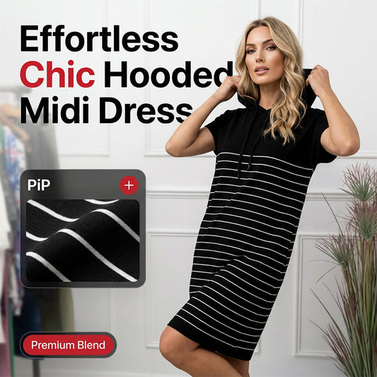 Rochie midi cu glugă și dungi, cu buzunare